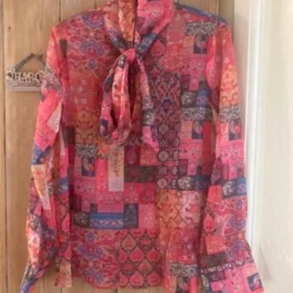 Boho Patchwork long Sleeve Tie Neck Blouse Multi color - Picture 8 of 10